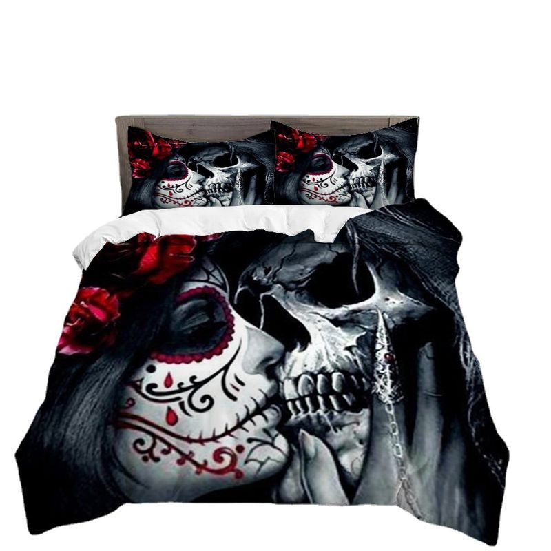 Schedel Halloween driedelige dekbedset met botten, vierdelige beddengoedset_voghion.com