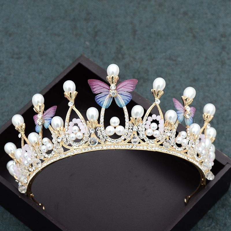 Colorful butterfly pearl tiara bridal crown children's performance hair accessories birthday party crown handmade bridal jewelry_voghion.com