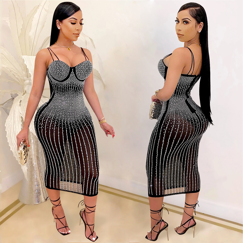 Women's New Product Skirt Sexy Nightclub Mesh Perspective Embedding Diamond Hot Rolled Strap Dress_voghion.com