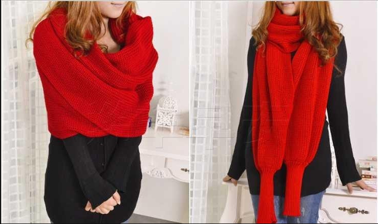 Women's Scarves version solid color acrylic wool knitted scarf with sleeves_voghion.com