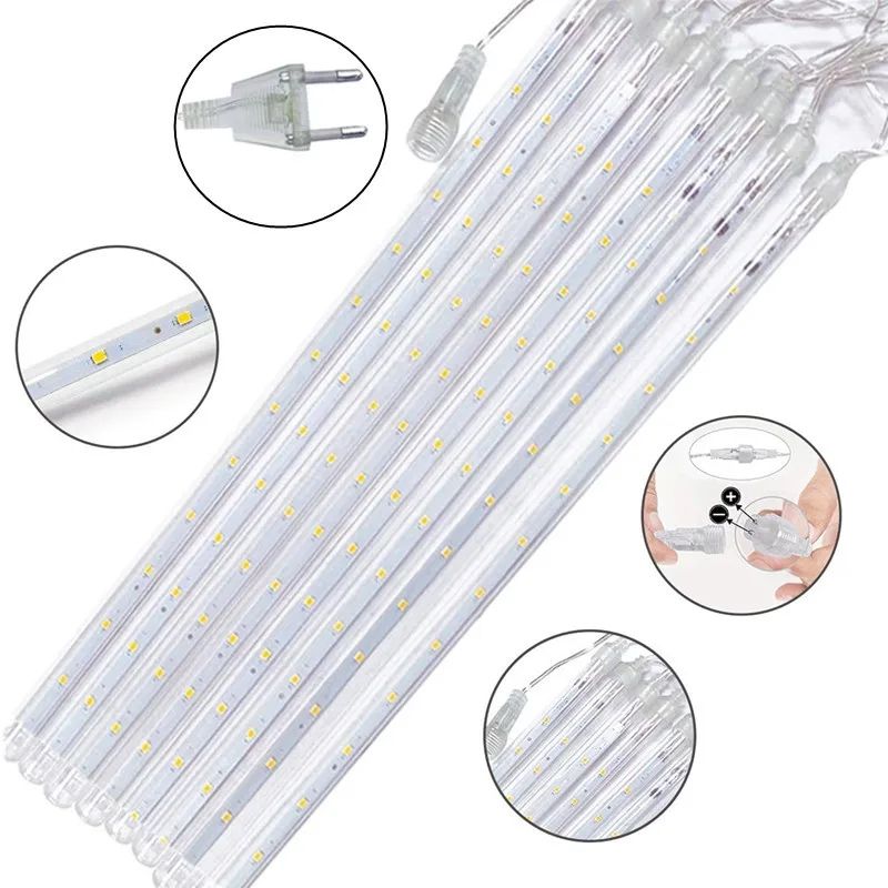 Luci a LED per pioggia di meteoriti con spina UE, 30/50 cm, luci natalizie, decorazioni da giardino, ghirlande da strada a LED per esterni, decorazioni natalizie_voghion.com
