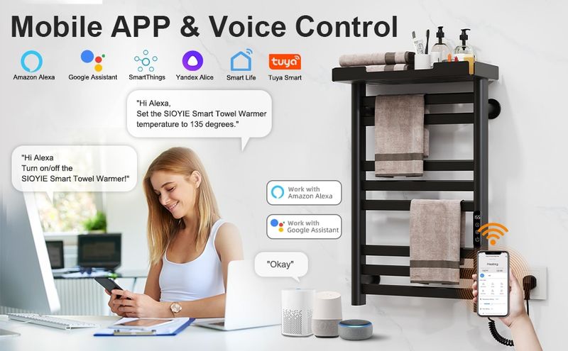 SIOYIE Heated Towel Rack With Shelf And Wi-Fi App Control, 8 Bars Electric Wall Mounted Towel Warmer With Timer & Adjustable Temperature, Low Carbon Steel, Plug-in/Hardwired, Matte Black_voghion.com