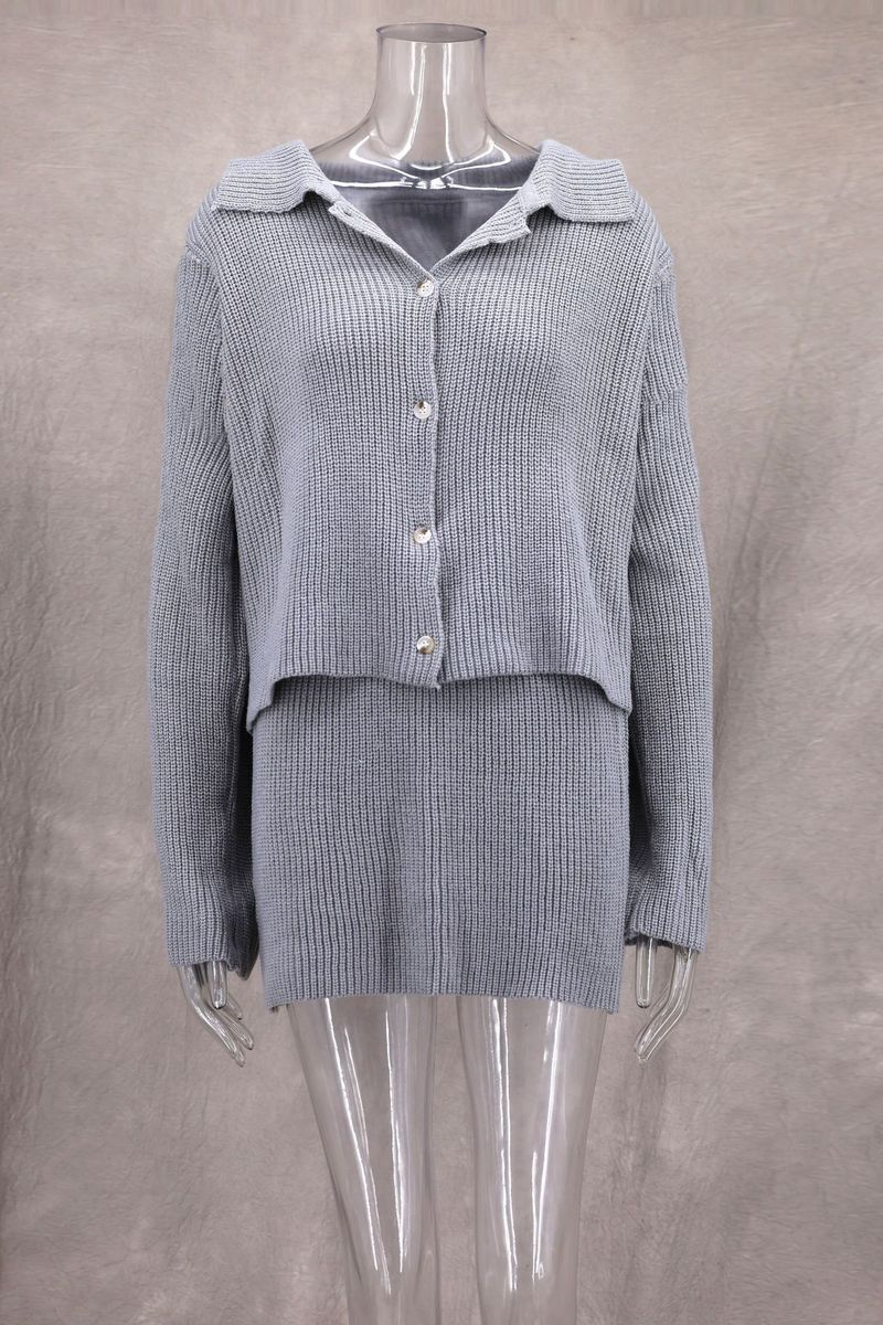 Trendy Rib-Knit Sweater Dress Set With Flared Sleeves & Notched Collar - Autumn/Winter Matching Outfit (Grey/Ivory/Angora Red/Brown)_voghion.com