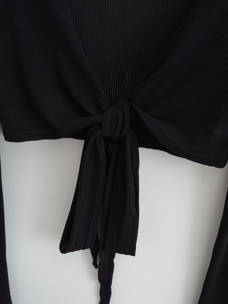 2025 Tie Up Sexy Base Shirt Style Women's Wear Leaky Umbilical Cross T-shirt Trumpet Sleeve Top_voghion.com