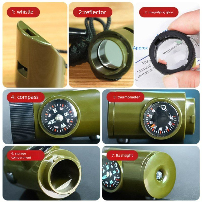 Outdoor Survival Gear 7-in-1 Whistle Multi-Function Portable Emergency Compass Magnifying Glass Flashlight Thermometer_voghion.com