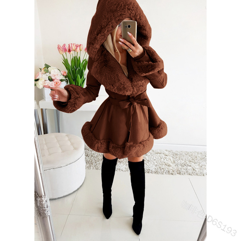 Women's lapel small fragrant fur patchwork coat winter warm under hood_voghion.com