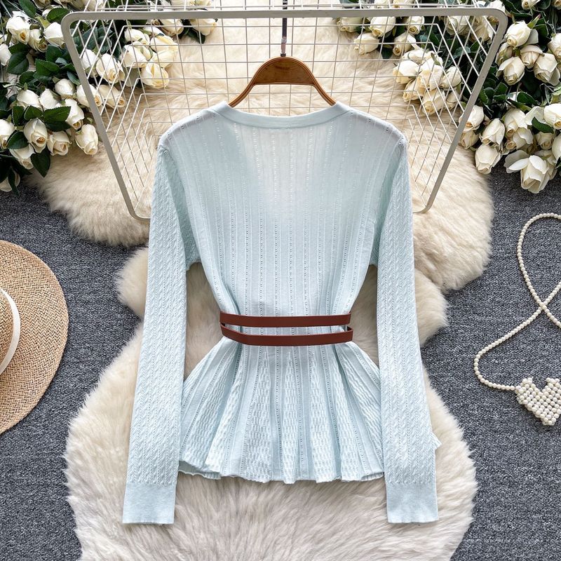 Retro-Stil Langarmpullover im britischen Stil für Damen, Herbstgürtel, schlankmachendes schlichtes Design, leicht, reife Schwester, Top-Trend_voghion.com