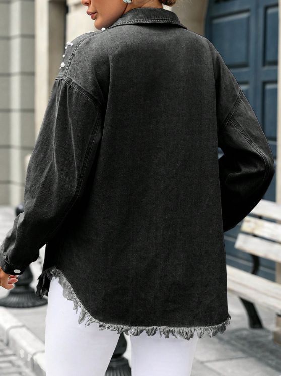 Damenbekleidung Verzierte Jeansjacke für Damen – Langärmliger Cowboymantel im Used-Look mit Strasssteinen und Nieten, Oversize-Passform, Freizeit- und Bürokleidung_voghion.com