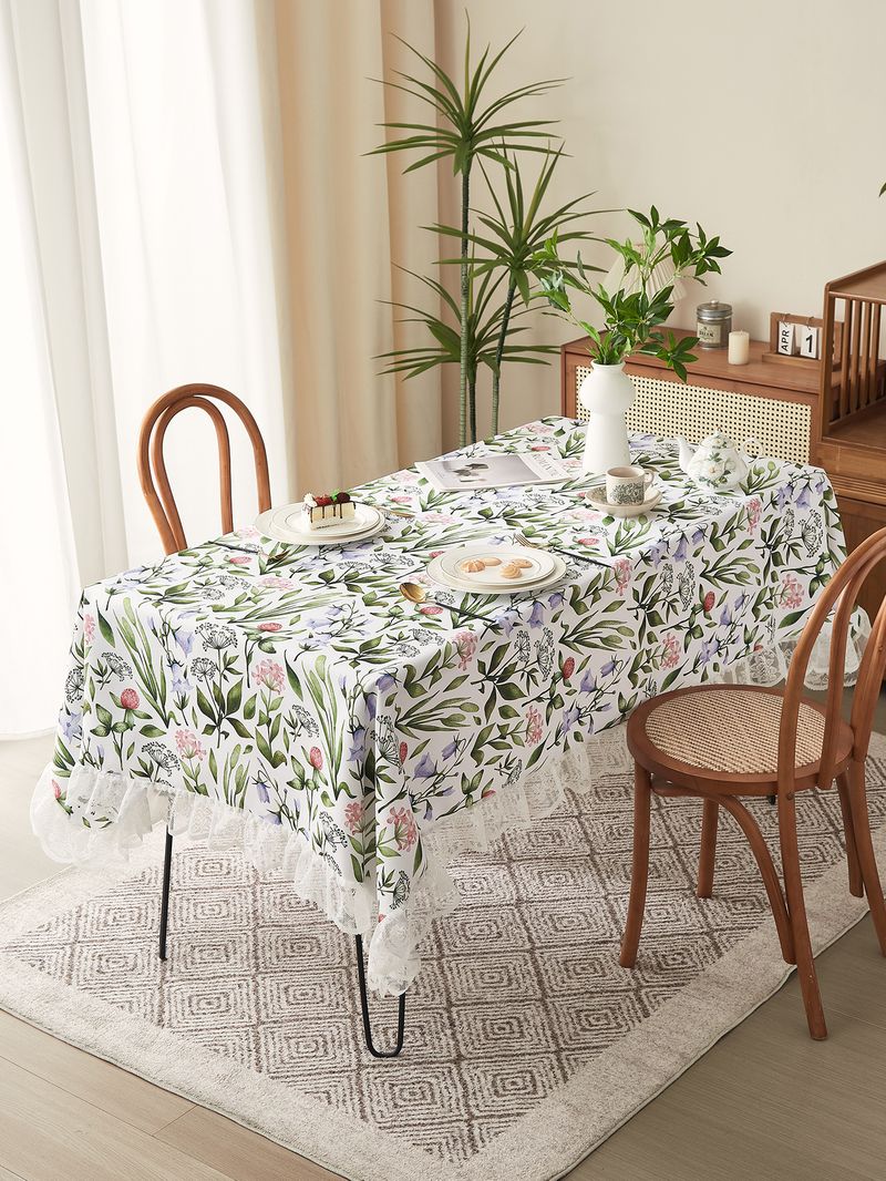 Vintage Abstract Floral Tablecloth – Polyester Lace-Trimmed Rectangular Table Cover For Dining & Coffee Tables (Non-Slip, Washable, Country Style)_voghion.com