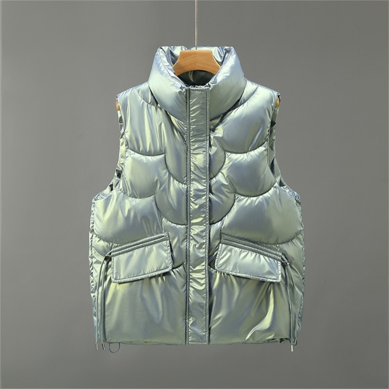 Womens Sleeveless Warm Puffer Vest Outerwear Stand Collar Zipper Up Shiny Solid Padded Gilet Waistcoat with Pockets D10_voghion.com