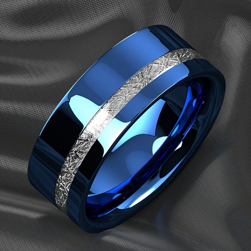 Vendite calde Moda 8mm Blu Acciaio inossidabile Per Vintage Argento Colore Meteoriti Intarsiato Promessa Anello Uomo Fede nuziale Gioielli Regali_voghion.com