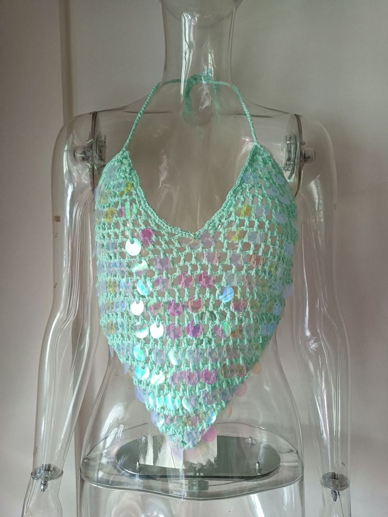 Sexy, ausgehöhltes, rückenfreies Bikinioberteil mit Perlenquasten – trendige Häkelbademode für Damen, ärmellose Strandmode mit V-Ausschnitt in mehreren Farben (S/M/L)_voghion.com