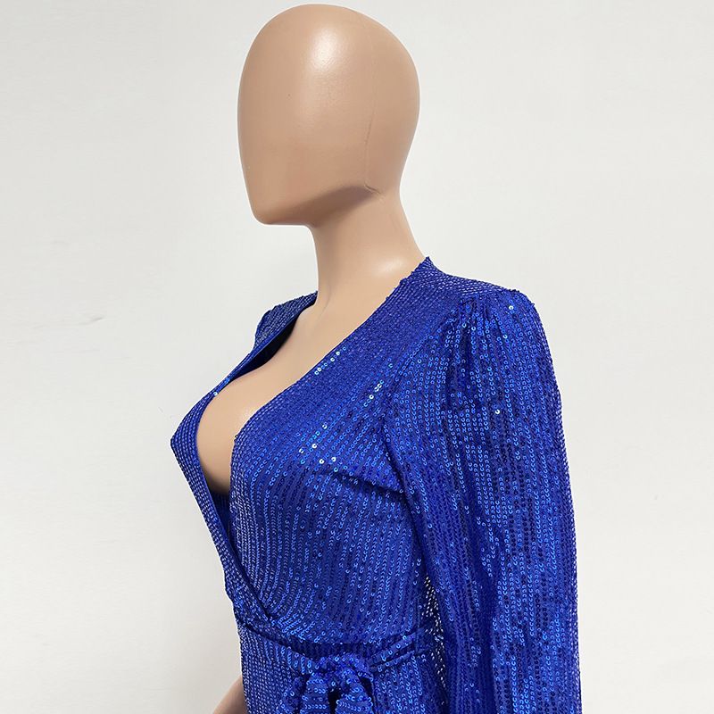 Damkläder Ins Style Deep V Mode Casual Jumpsuit Långärmat Bälte Paljett Jumpsuit Dam_voghion.com