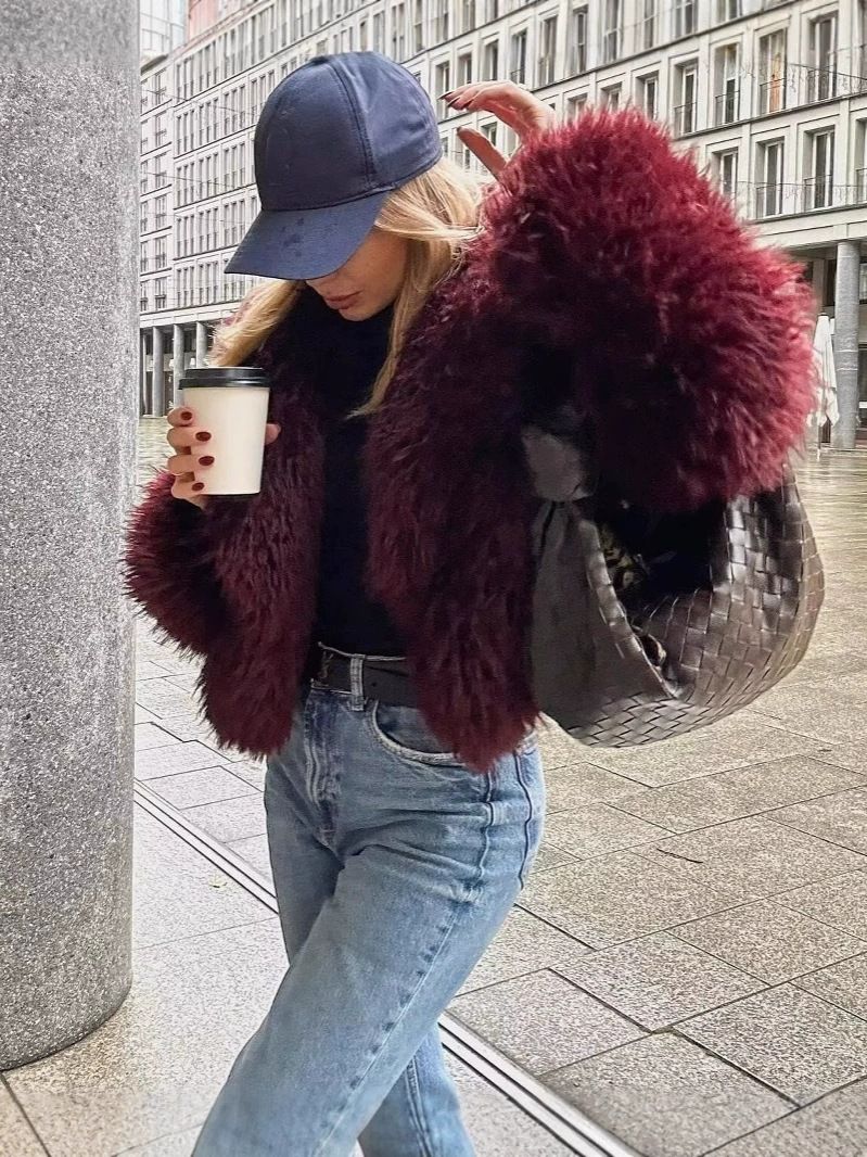 Damenbekleidung Lockiger Kunstpelzmantel Kurzer Reversmantel Teddybär Kunstpelzmantel – Kurze Plüschjacke für Damen (Weinrot/Braun/Weiß, XS-XL)_voghion.com