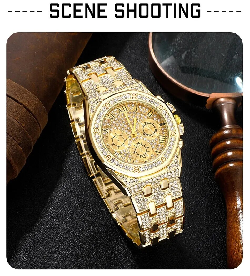 Men's luxury stainless steel gold bracelet, hip-hop diamond, large dial, business, quartz watch, fashionable_voghion.com