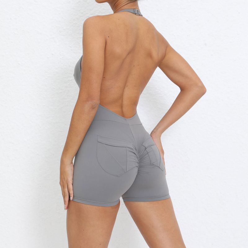 Vêtements pour femmes, couleur unie, poches, col licou, combinaison serrée, sport, fitness, course à pied, combinaison à trois points, short _voghion.com