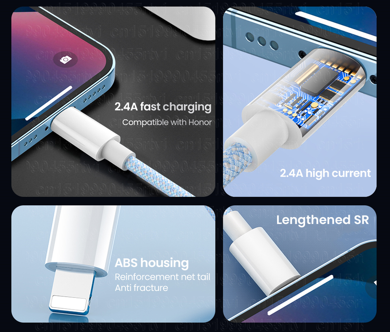Câble de chargement rapide USB 2,4 a, cordon de chargeur de téléphone portable tressé en Nylon pour iPhone 14 13 12 11 Pro Max XS 6s 7 8_voghion.com