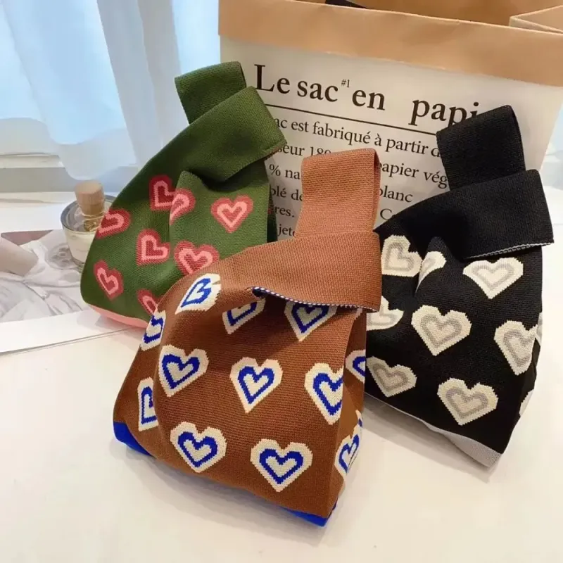 Borsa a mano fatta a mano in maglia con nodo, da polso, riutilizzabile, mini tote, da donna e da ragazza, borsa a tracolla, borse per la spesa alla moda 241226_voghion.com