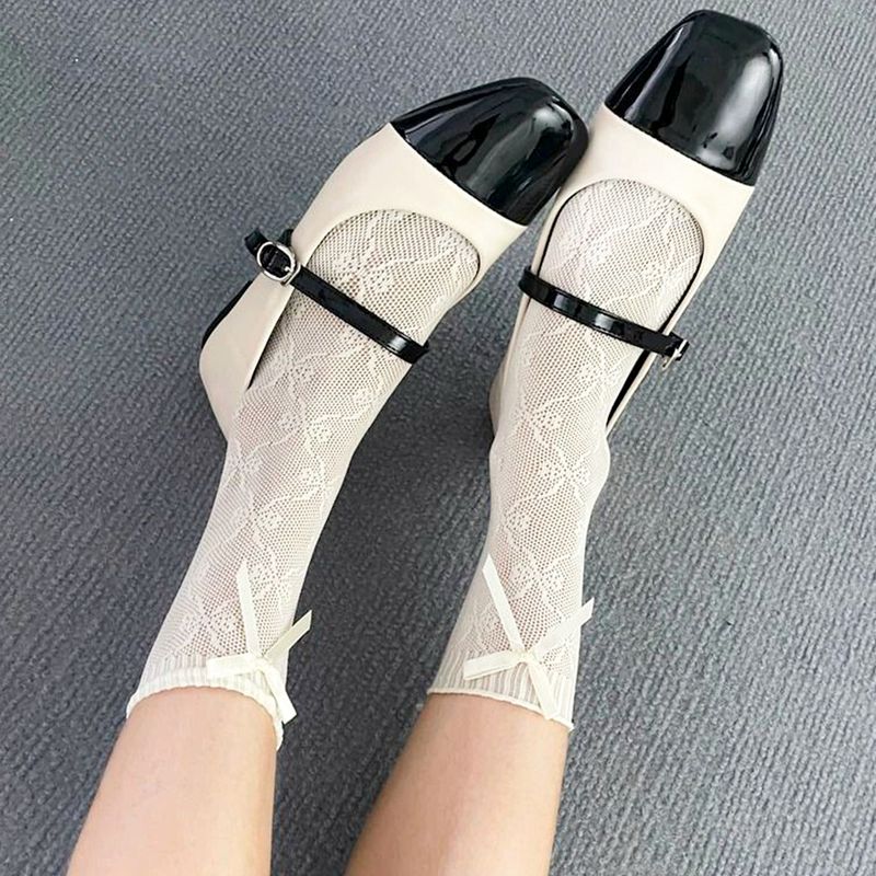 White Lace Trim Socks For Women, Summer Thin Bowknot Slouch Ballet Style Long Tube Socks, Matching With Mary Jane Shoes_voghion.com