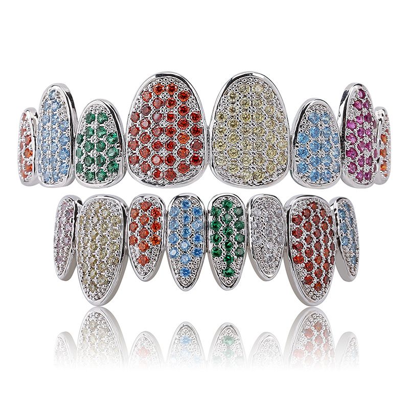 Vanzare fierbinte Zircon complet cu opt dinti incrustat Bretele din zircon Hip Hop Personalitate neregulata Bretele din aur_voghion.com