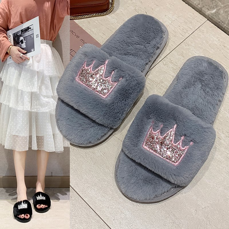 Pantofole in pelliccia da donna autunno e inverno nuove infradito per interni ed esterni pantofole in cotone fondo piatto corona calde scarpe casual da donna all'ingrosso_voghion.com