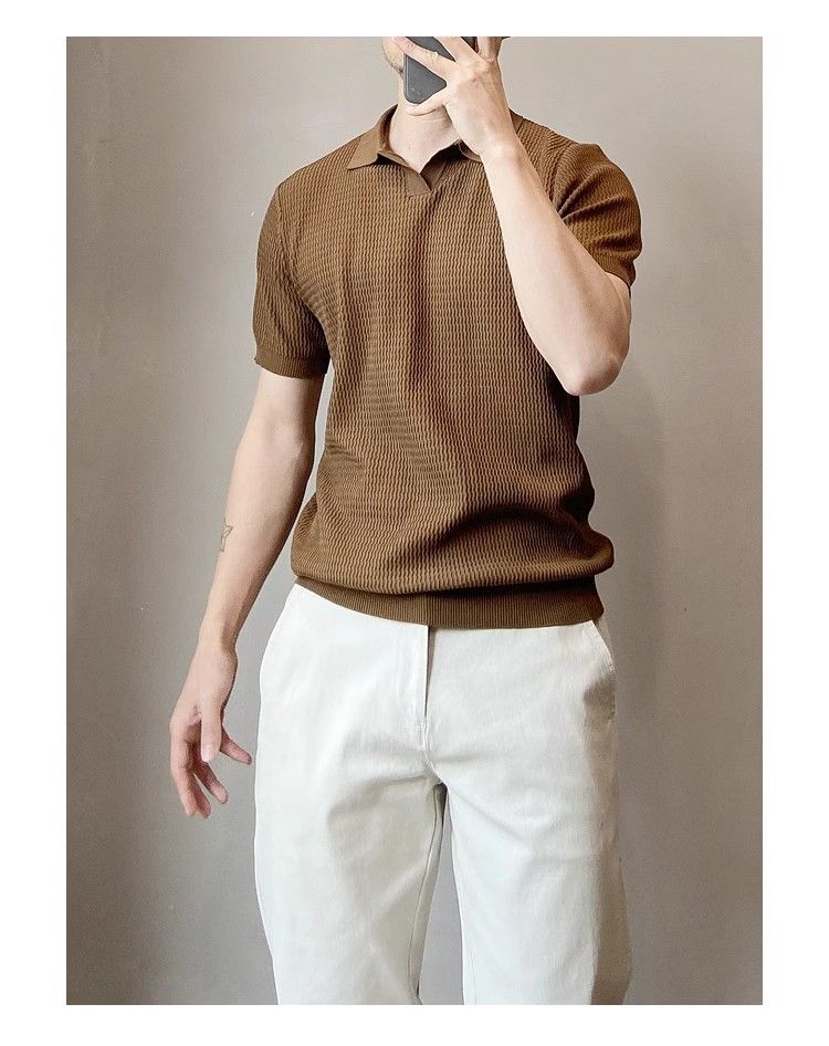 Polo da uomo in maglia leggera e traspirante, aderente, a maniche corte, stile americano, in seta ghiacciata, modello cross-border, con strisce antivento_voghion.com