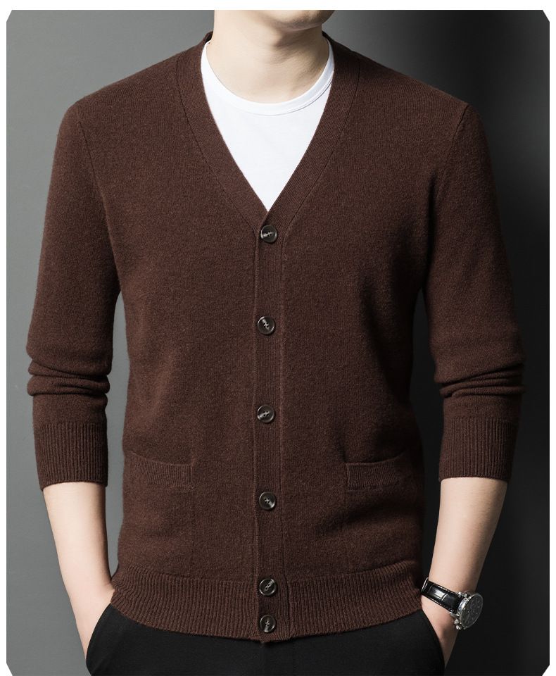 Herbst-Winter-Pullover aus reiner Wolle mit V-Ausschnitt und einfarbigem Farbverlauf für Männer mittleren und älteren Alters, vielseitiger Strickpullover_voghion.com