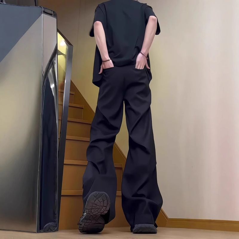 Amerikanische High-Street-Hose, plissiert, drapiert, einfarbig, Unisex, lässig, leicht ausgestellt, hochwertiges Design, Cleanfit-Hose_voghion.com