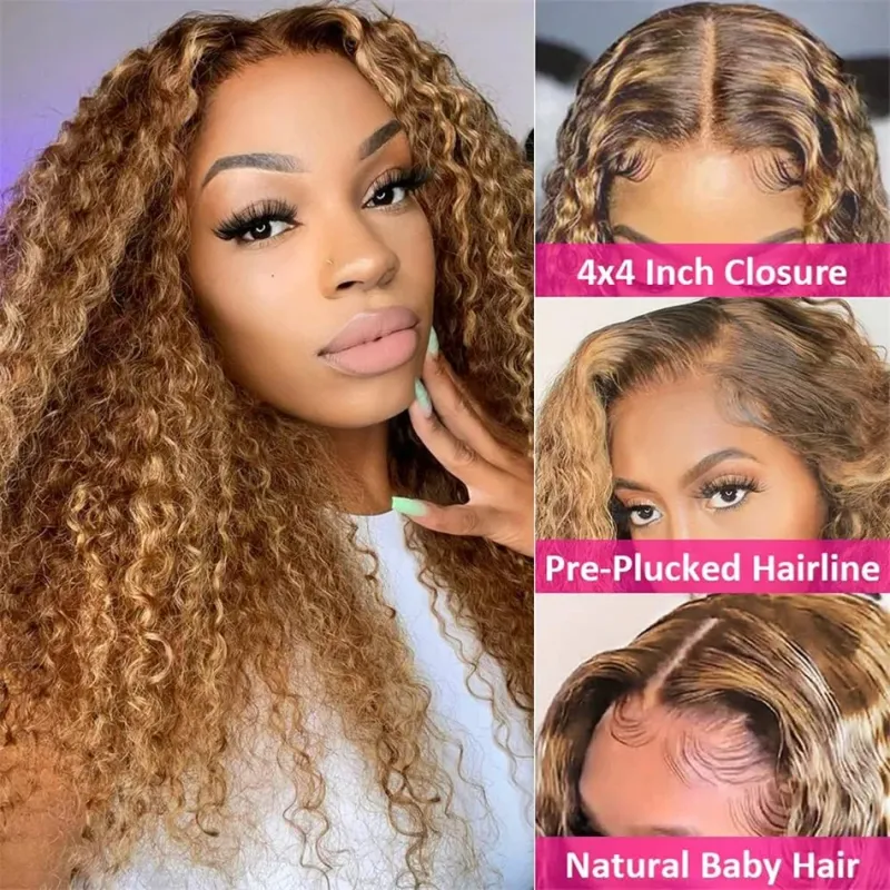 Parrucca di capelli umani con onde profonde, bionda miele, parrucca frontale in pizzo riccia, parrucche senza colla da donna_voghion.com