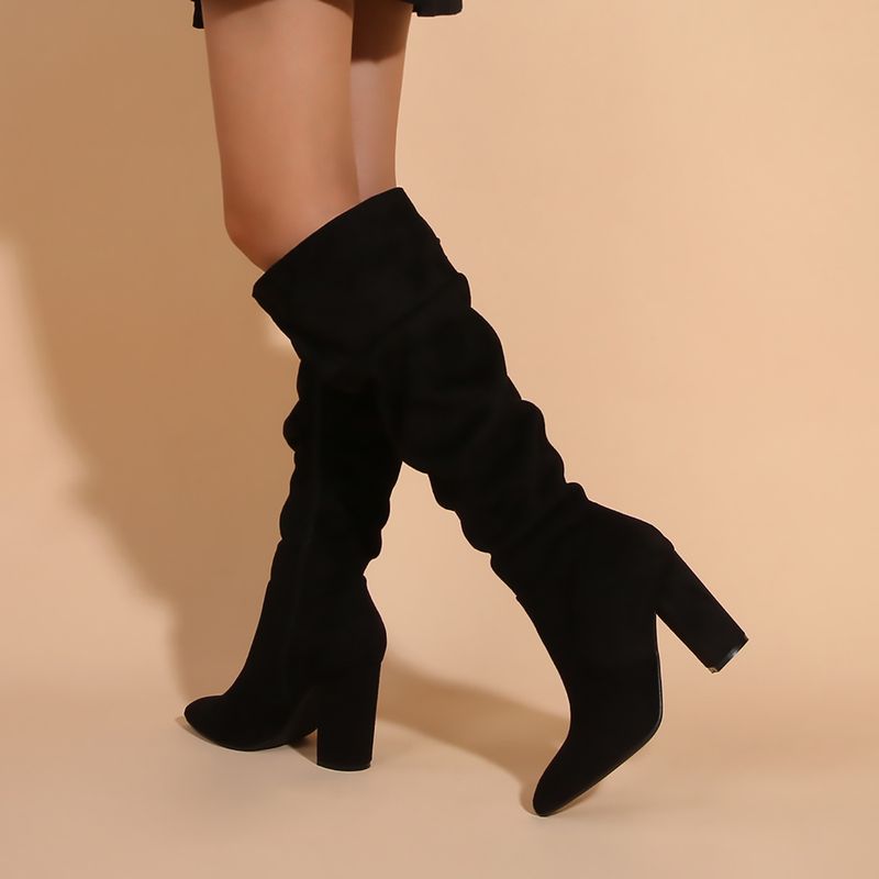 High boots chunky heels pointy crepe boots side zipper less than knee high boots black_voghion.com
