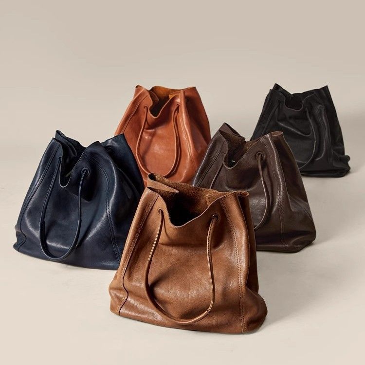 Borsa a secchiello Qiu Zhen 008 per donna, tracolla, spalla singola, borsa tote di grande capacità, vera pelle, vegetale_voghion.com