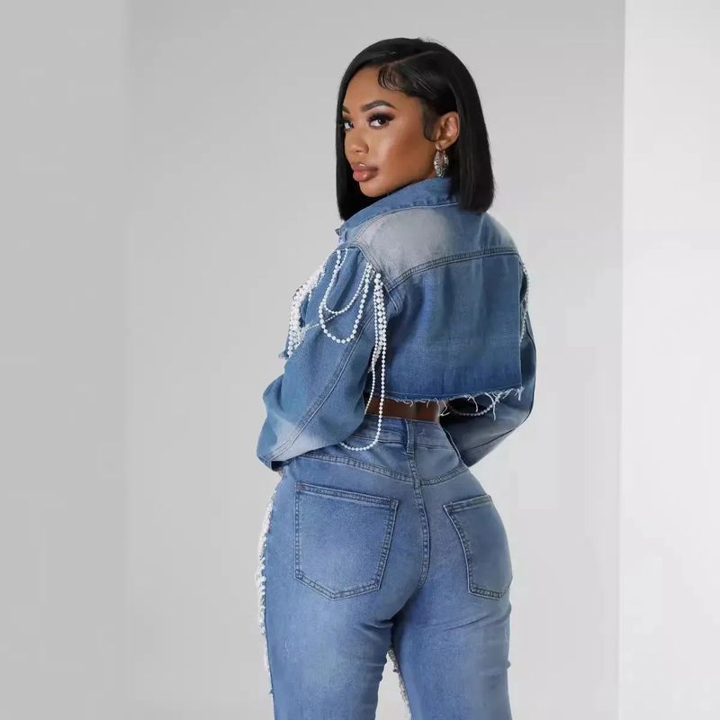 Women's Clothing Denim Jacket Women's Fashion Pearl Chain Handmade Beaded Denim Jacket_voghion.com