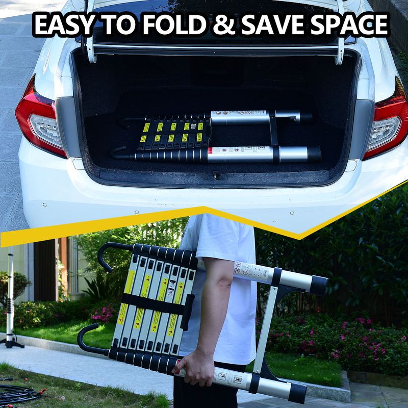 8.5FT Telescopic Ladder, Telescopic Aluminum Alloy Multi-purpose Folding Telescopic Ladder With Hooks And Triangular Support Frame, Suitable For Outdoor Work At Home Or RV_voghion.com