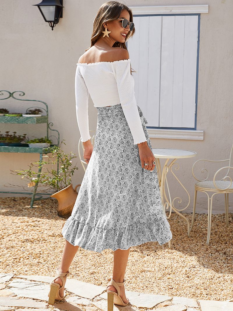 Women's printed strap slit big swing skirt with lining _voghion.com