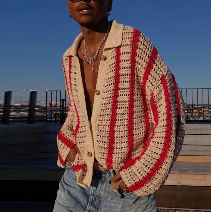 Men's clothing patchwork color knitted cardigan lapel sweater coat all-match sweater_voghion.com
