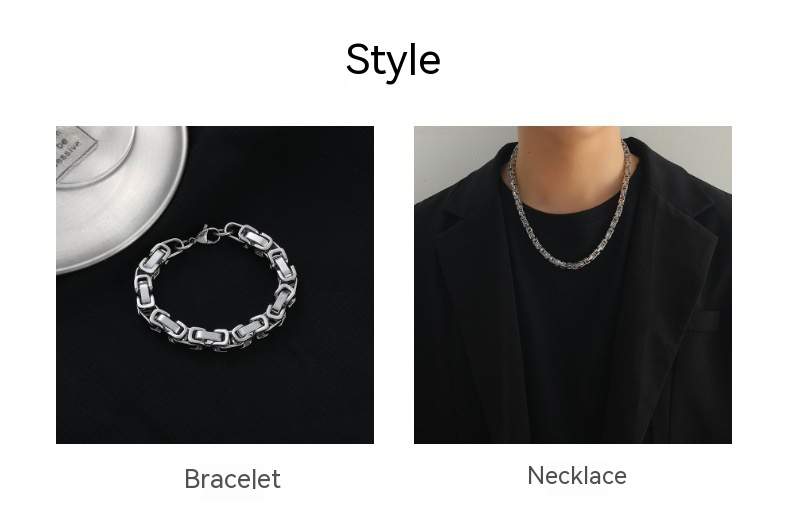 Collana da uomo di lusso leggero in acciaio inossidabile Imperatore Bracciale a catena con anello quadrato impiombato fatto a mano in acciaio al titanio_voghion.com
