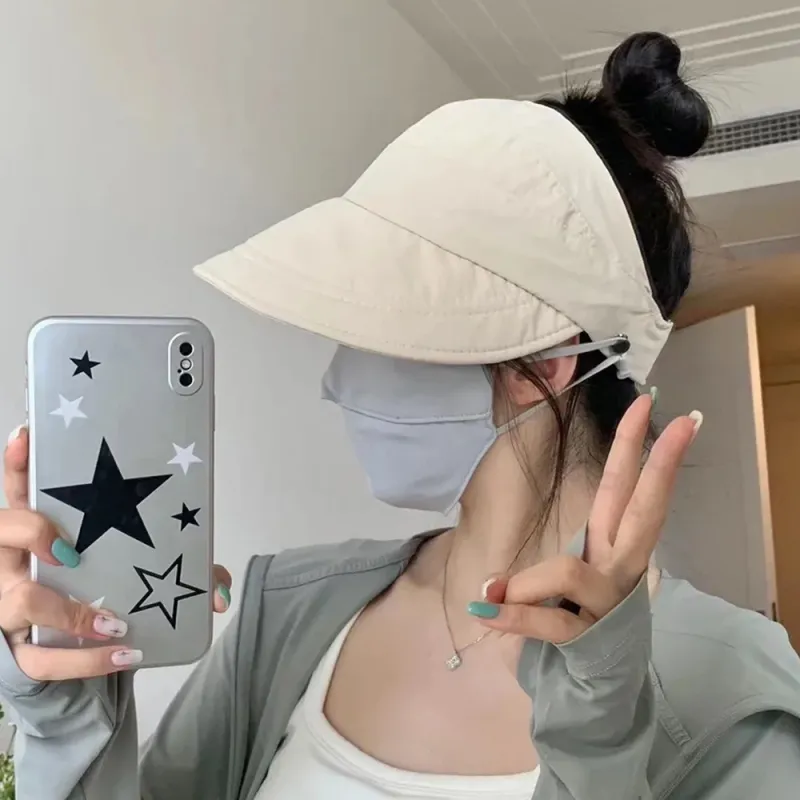 Fashion Korean Women Empty Top Foldable Wide Brim Sun Protection Hats Summer Visor Fisherman Face Mask Hook Hat Ponytail Cap_voghion.com