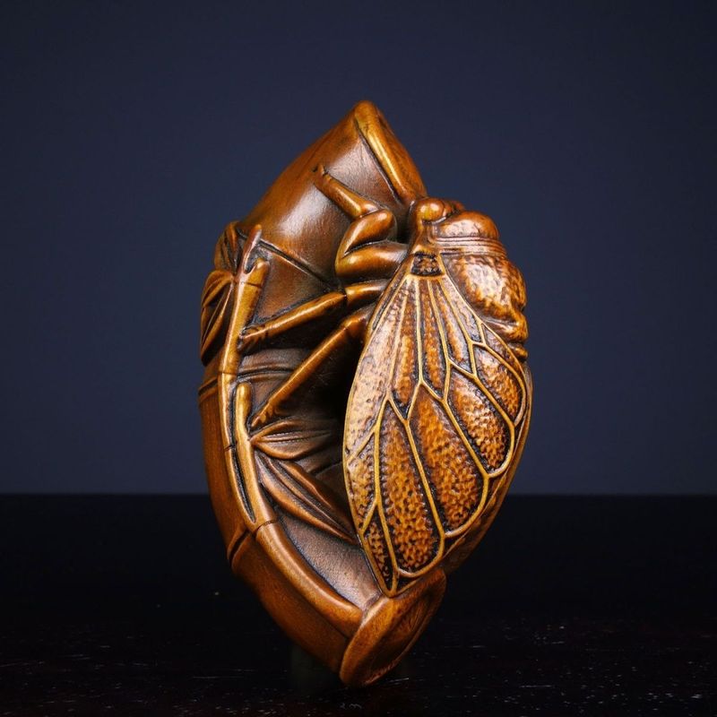 Antique Style Bonsai Wood Carving Handheld Piece Cicada Shines With Fame Craft Length 8cm Width 3cm Height 5cm_voghion.com
