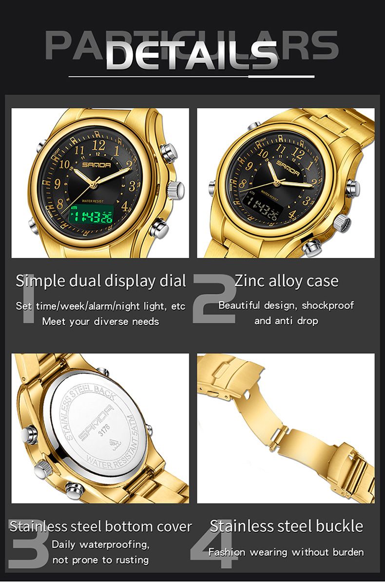 Digital-Analog-Armbanduhr für Herren mit Alarm, Stoppuhr, Nachtlicht, 50 m wasserdicht, Armband aus Edelstahl/PU-Leder, rundes Zifferblatt, 48 mm_voghion.com