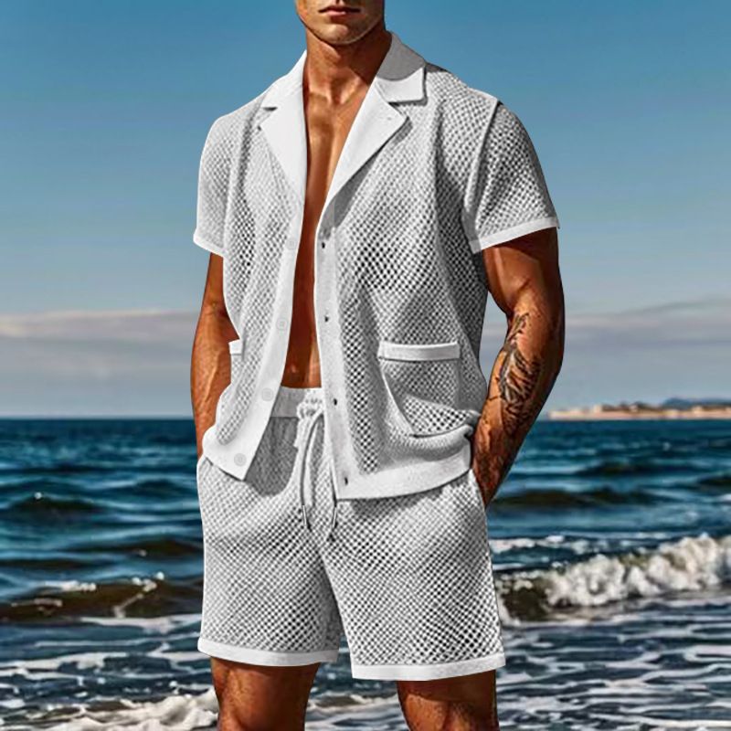 Herrenbekleidung Mesh Atmungsaktiv Cool Freizeitanzug Dünner Herren Kurzarm Shorts Zweiteiliger Anzug_voghion.com