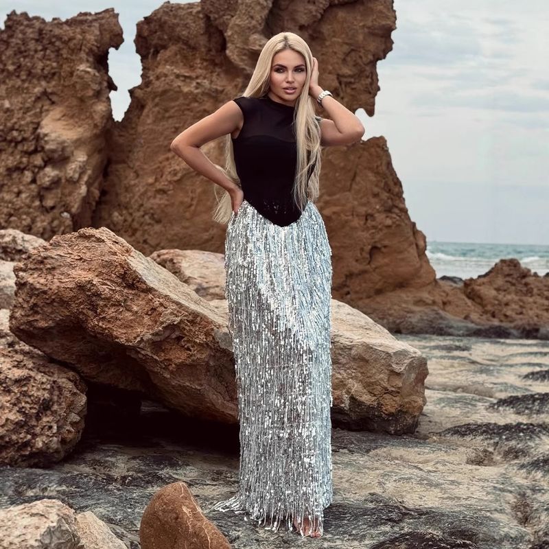 Summer New Style Sheer Top Tassel Sequin Long High Waist Half Skirt Two-Piece Women's Fashion Set_voghion.com