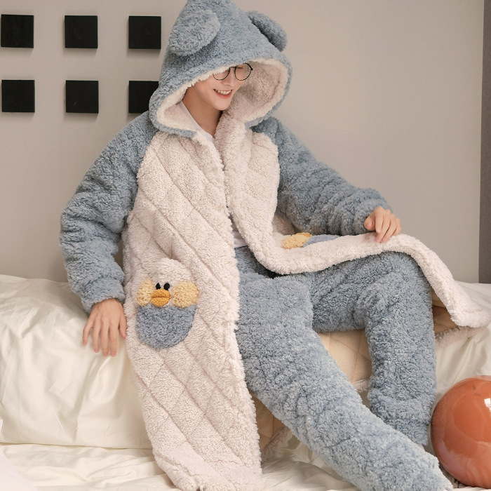 2023 New Three layer Cotton Napper Winter Thickened Hoodie with Pants Men's Robe Cover Home Furnishings_voghion.com