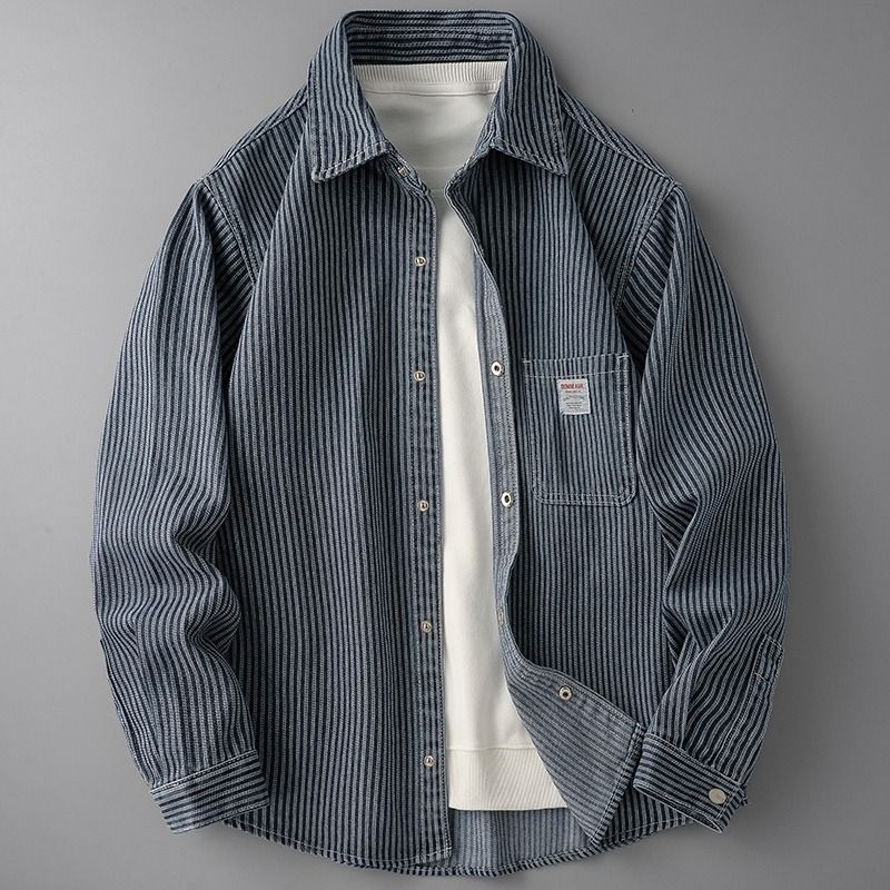 Giacca da uomo alla moda in denim a maniche lunghe, primavera e autunno, a righe, stile casual, ampia, da strada_voghion.com