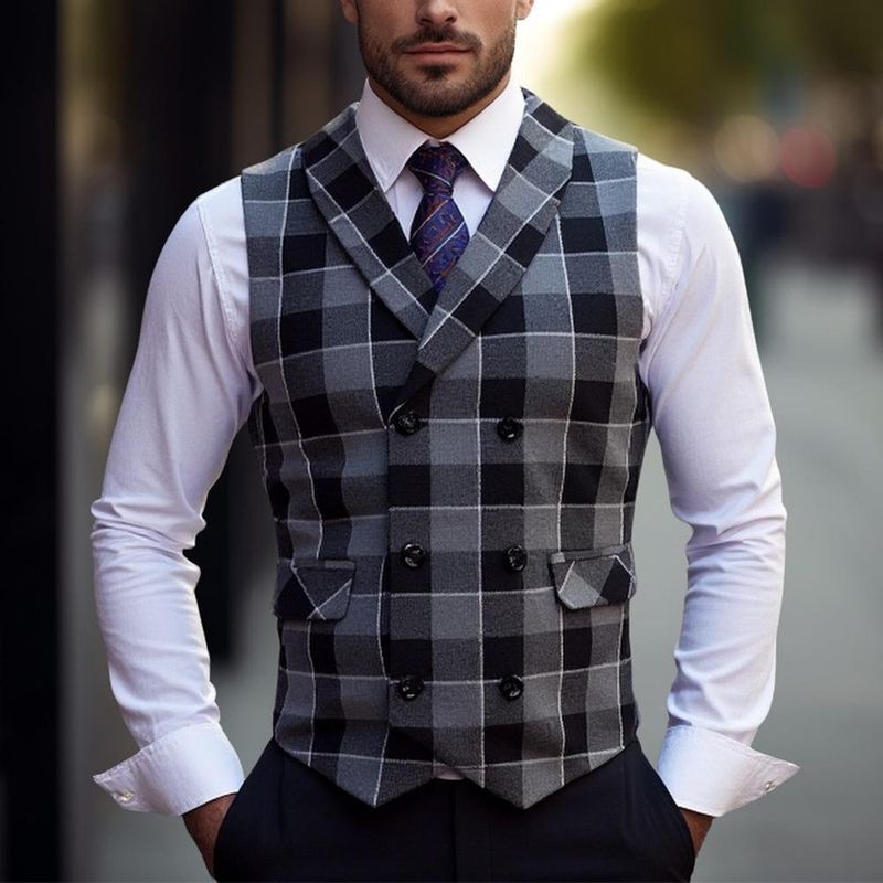 Retro dubbelrijs print gilet voor heren, geruit vest voor casual en zakelijke kleding_voghion.com