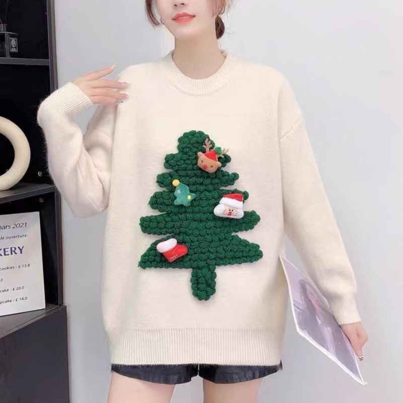 Christmas Tree Knit Sweater For Women, Cozy Oversized Pullover With Vintage Holiday Print, Soft Polyester-Cotton Blend In Red/Black/White_voghion.com