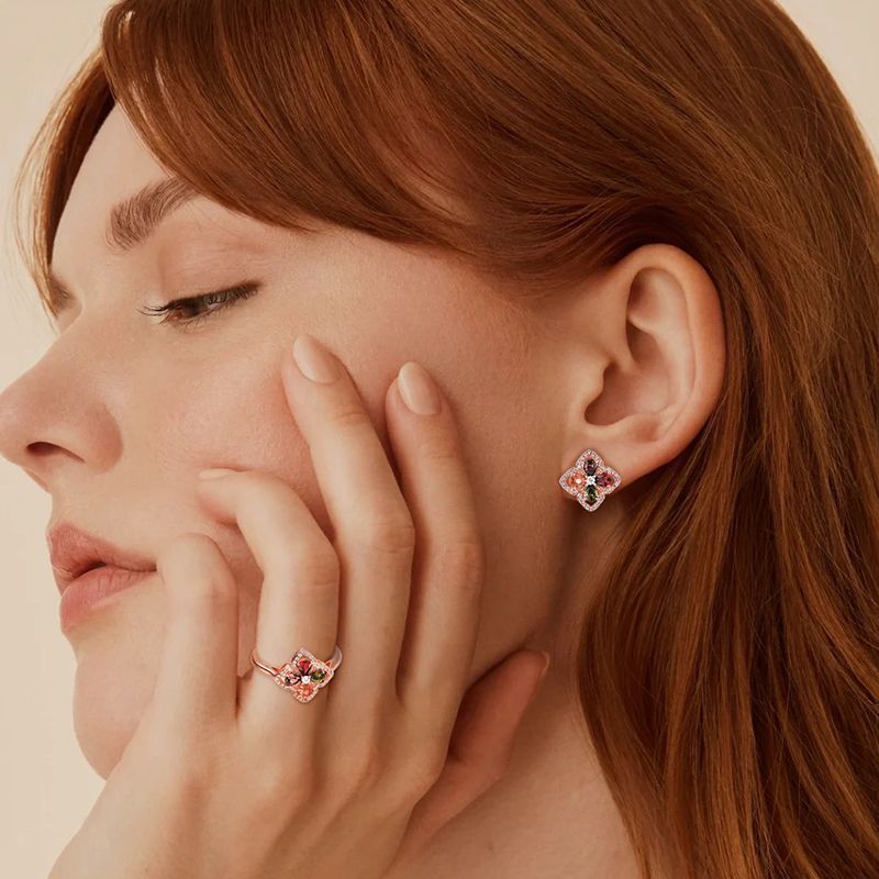 Gioielli con pietre preziose colorate, collana con quadrifoglio intarsiato, anello, orecchini, set da tre pezzi, gioielli in argento sterling S925_voghion.com