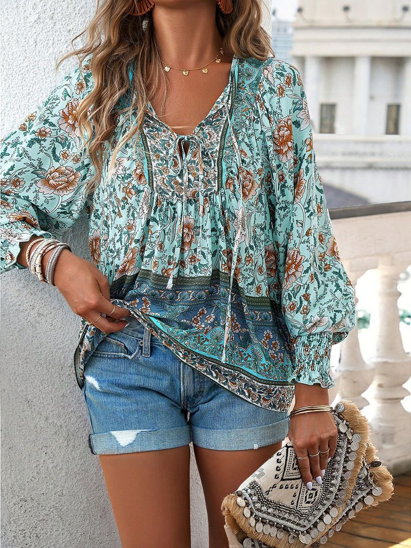 Maglietta stampata da donna, top a maniche lunghe con scollo a V e temperamento_voghion.com