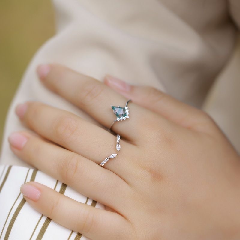 Fashion Light Luxury Pure Silver Stackable Kite Ring - Natural Water Grass Agate Inlay For Elegant Statement Style_voghion.com