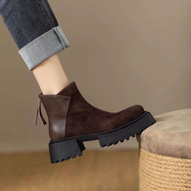 Brown Round Toe Genuine Leather Thick Sole Ankle 2024 Autumn Winter New Suede Height Increasing Versatile Chunky Heel_voghion.com