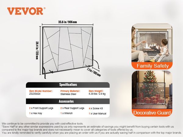 VEVOR Fireplace Screen Single Panel, Sturdy Iron Mesh Fireplace Screen, 35.6"(L) X28.4"(H) Spark Guard Cover, Simple Installation, Free Standing Fire Fence Grate For Living Room Home Decor Modern_voghion.com